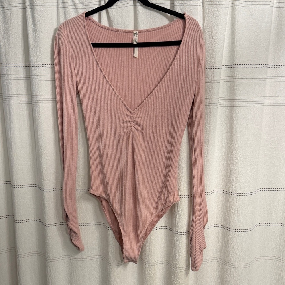 Pink Ribbed Intimately Free People Long Sleeve Bodysuit